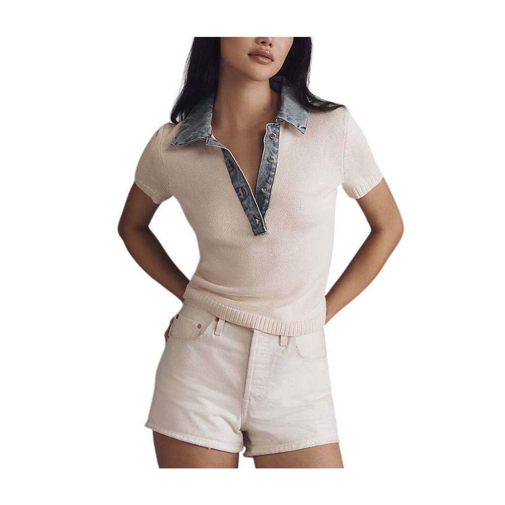 Anthropologie Cream Short-Sleeve Knit Polo with Denim Trim